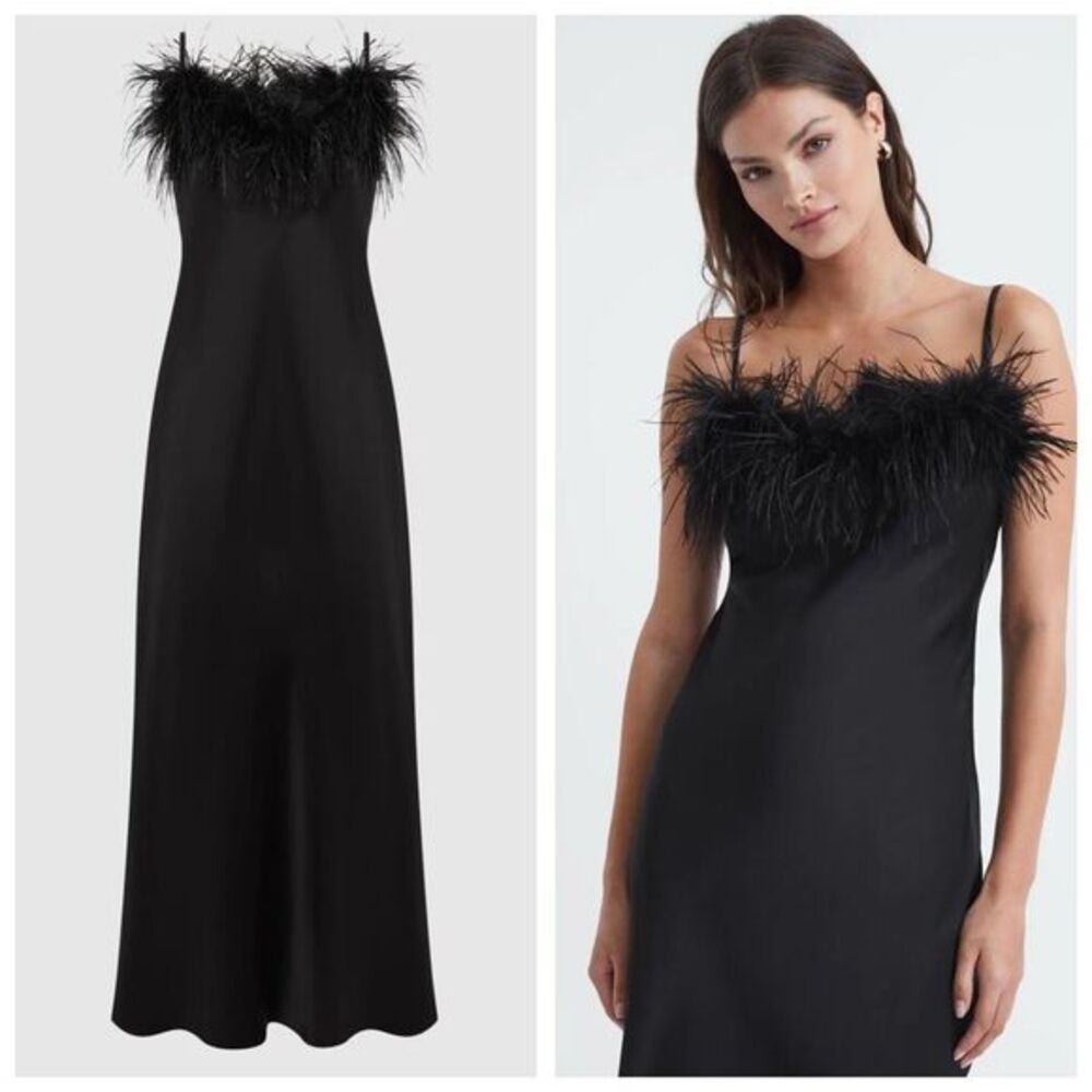 Sleeper Boheme Slip Dress with Feathers in Black Medium